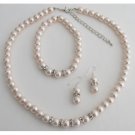 NS1412 Blush Pink Pearl Rhinestones Necklace Earrings Bracelet Wedding Set