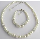 GC415 Pearl Necklace Bracelet Pave Ball Rhinestones Jewelry Ivory Pearl Set
