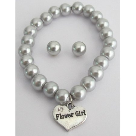 GC510 Bracelet & Stud Earrings Set Gray Pearls Flower Girl Jewelry
