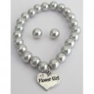 GC510 Bracelet & Stud Earrings Set Gray Pearls Flower Girl Jewelry