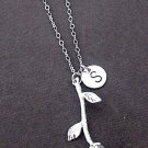 Silver Rose Necklace, Silver Initial Necklace,Silver Rose, Rose Flower Necklace