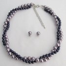 Mauve And Purple Twisted Necklace In Swarovski Pearls With Stud Earrings