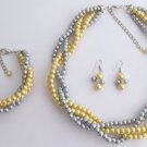 Luxurious Braid Four Strand Golden Yellow Gray Pearls Twisted Necklace set