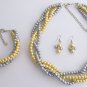 Luxurious Braid Four Strand Golden Yellow Gray Pearls Twisted Necklace set