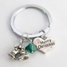 Christmas Keychain Jingle Bell Merry Christmas Charm w/Swarovski Emerald Crystal