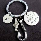 I am Hooked On You Kechain with Fish Hook and Cute Fish Charm,Boyfriend Key Ring