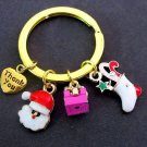Christmas Charms Gold Keychain,Santa Clause,Sock,3D gift box,heart charm Keyring