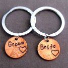 Groom and Bride Lucky Penny Keychain, Personalized Stamped Penny Couple Keychain