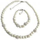 Pearl Necklace Bracelet Pave Ball Rhinestones Jewelry Off White Pearl Set