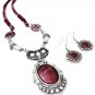 Enamel Ruby Painted Ethnic Artform Pendant & Earrings Jewelry Set