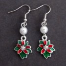 Christmas earrings, Christmas flower earrings, red and green dangle earrings