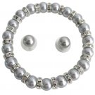 Classic Silver Gray Pearl Stretchable Bracelet Stud Earrings Accessory Bracelet