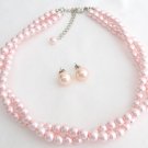 Pink Pearl Necklace Stud Earrings Bridesmaid Pink Pearl Twisted Necklace Set