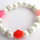 Flower Bracelet Multi Color Flowers Rhinestones White Pearl Bracelet