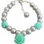 Mint Flower Charm Gray Pearl Rhinestone Flower Girl Charm Bracelet