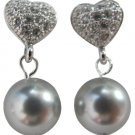 Diamante Heart Wedding Earrings In Grey Pearl