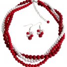 Red, Coral and White Pearl Twisted Three Strands Necklace Earrings Set