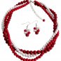 Red, Coral and White Pearl Twisted Three Strands Necklace Earrings Set