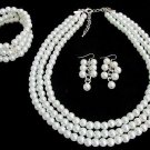 Wedding Bridal Jewelry Set Gift 3 Strand White Pearl Necklace Earrings Bracelet