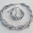 Gray Pearls Braided 3 strand Necklace & Bracelet,Wedding Jewelry,Bridesmaid gift