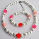 Childrens Pearl Jewelry with Rose Flower White Pearls Necklace Bracelet