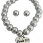 Bracelet & Stud Earrings Set Gray Pearls Flower Girl Jewelry