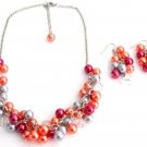 Salmon Lite Gray Magenta Gift Chunky Pearls Necklace Earrings Set Wedding Gift