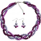 Purple Plum Lilac Trio Color Twisted Pearls Necklace Earrings Set