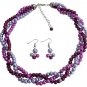 Purple Plum Lilac Trio Color Twisted Pearls Necklace Earrings Set