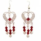 Heart Chandelier Siam Red Crystals White Pearls Sterling SIlver Earrings