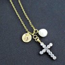 Gold Cross Necklace with Initial & Freshwater Pearl,Jesus Necklace,Communion Gif