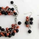 Chunky Burnt Orange Black Pearl Beaded Halloween Bracelet Earrings