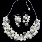 Ivory Pearls Cluster Necklace Earrings Set Pearl With Clear Crystals Bridal Set