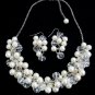 Ivory Pearls Cluster Necklace Earrings Set Pearl With Clear Crystals Bridal Set