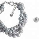 Wedding Set Bridesmaid Jewelry 3 Strand Gray Pearl Bracelet Stud Earrings