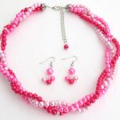 Fuchsia Magenta Hot Pink Twisted Statement Three Strand Necklace Earring Set