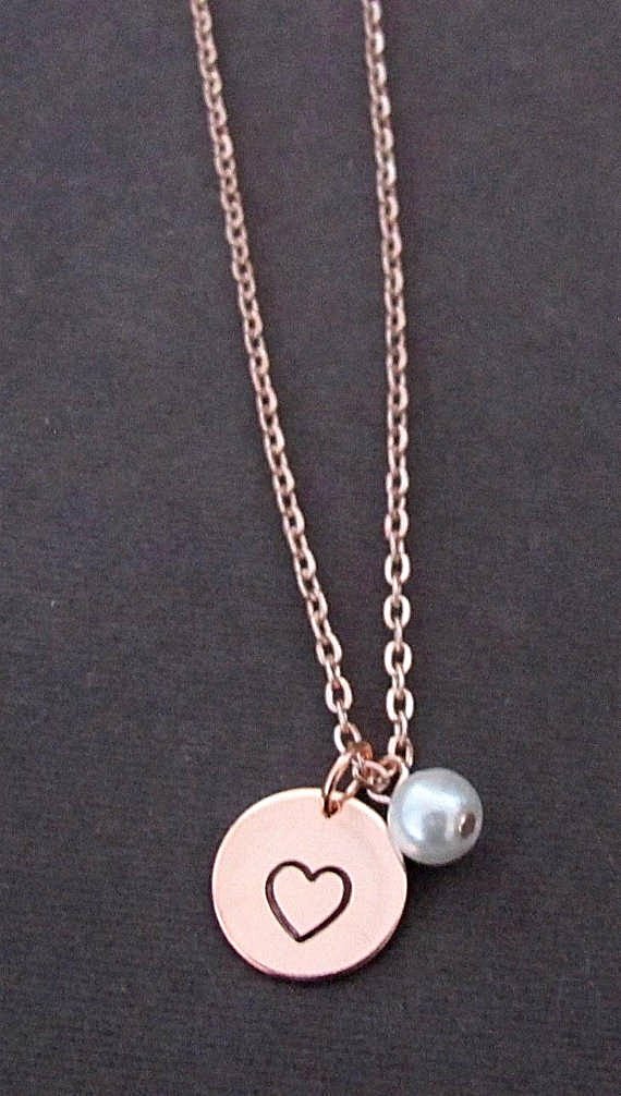 Tiny Heart Charm Necklace,Rose Gold Disc Hand Stamped Necklace,Rose Gold Jewelry