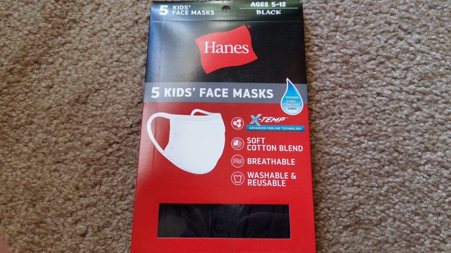 5 Masks HANES brand 512 yrs old Child Face Mask BLACK COLOR