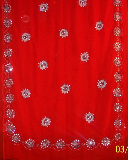 Soft Red georgette saree with zari work , silver beads, kundan and stone work