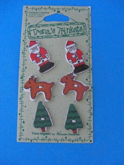 Christmas Trinkets Buttons Trena's 6 CT Santa & Reindeer Ceramic