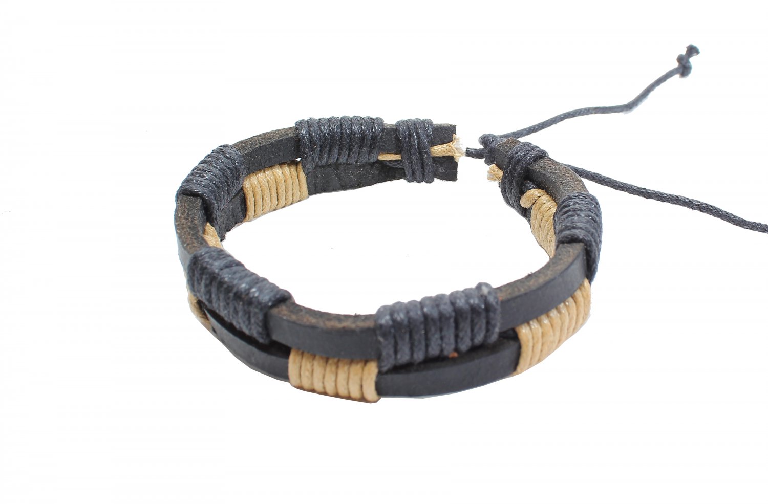 Black Leather with Black & Light Brown String Bracelet (B646S)