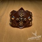 Free Shipping Gothic Skull Cross Spike Stud Brown Leather Wristband (B617RN)