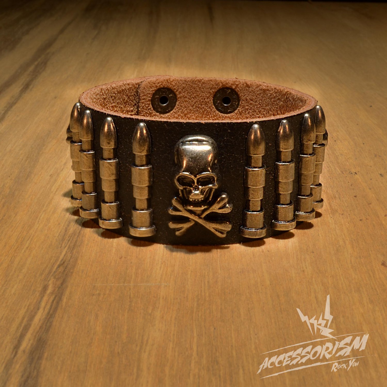 Free Shipping Skull & Bullet Rock Black Leather Wristband Bracelet (B645R)
