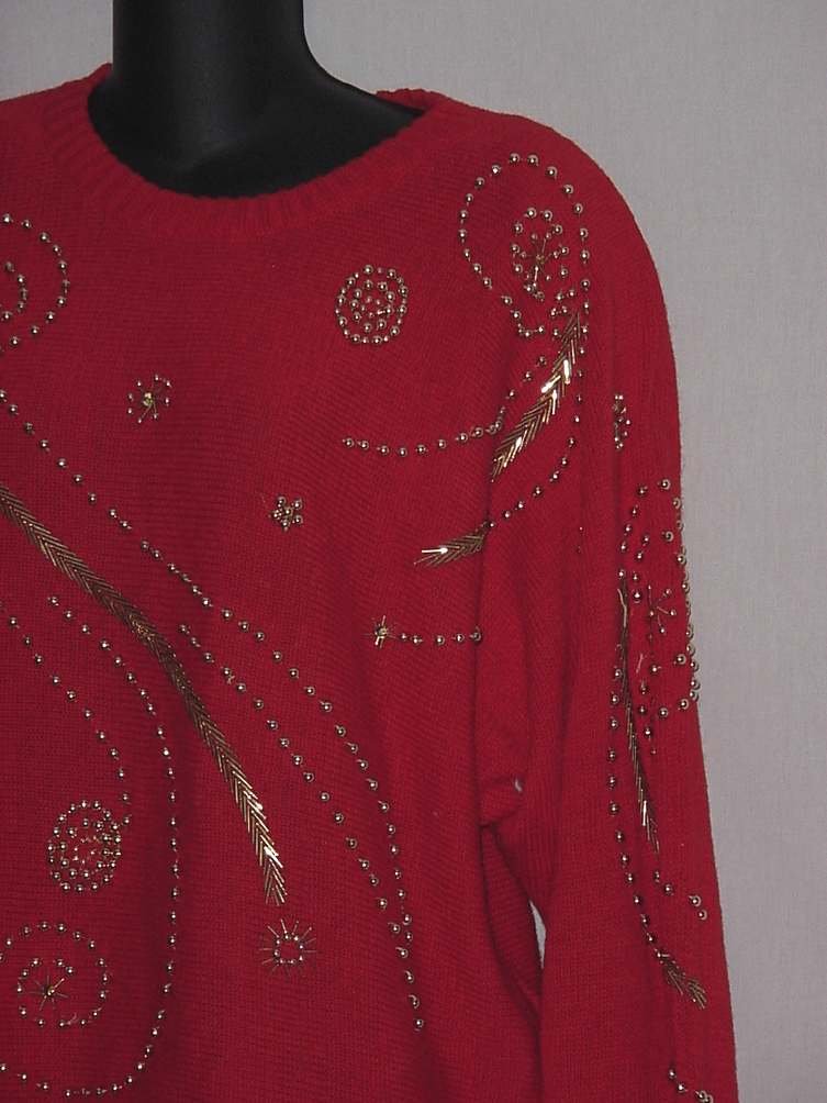 1980s Red Sweater baby batwing sleeves Bead design KA142