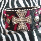 Hair on Pink/Black Zebra Cuff w/ Cross!!!!!!!  Z2-77