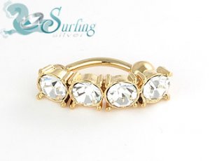 NEW 18K GOLD PLATED RND CZ REVERSE BELLY NAVEL RING 14G