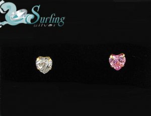 2 HEART CZ GOLD PLATED SILVER NOSE BONES PIN RING 20G