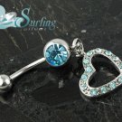 NEW *HOT* AQUA DANGLE HEART CZ BELLY NAVEL RING 14G