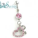 NEW KEY TO MY HEART PINK CZ BELLY NAVEL DANGLE RING