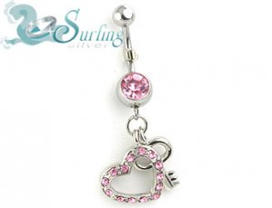 NEW KEY TO MY HEART PINK CZ BELLY NAVEL DANGLE RING